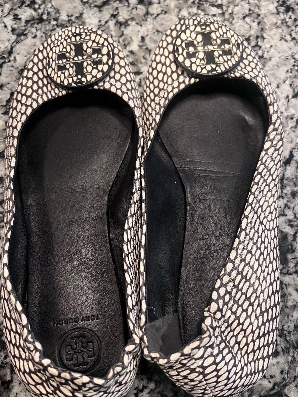 Tory Burch Black and White Pebble-Print Reva Flats